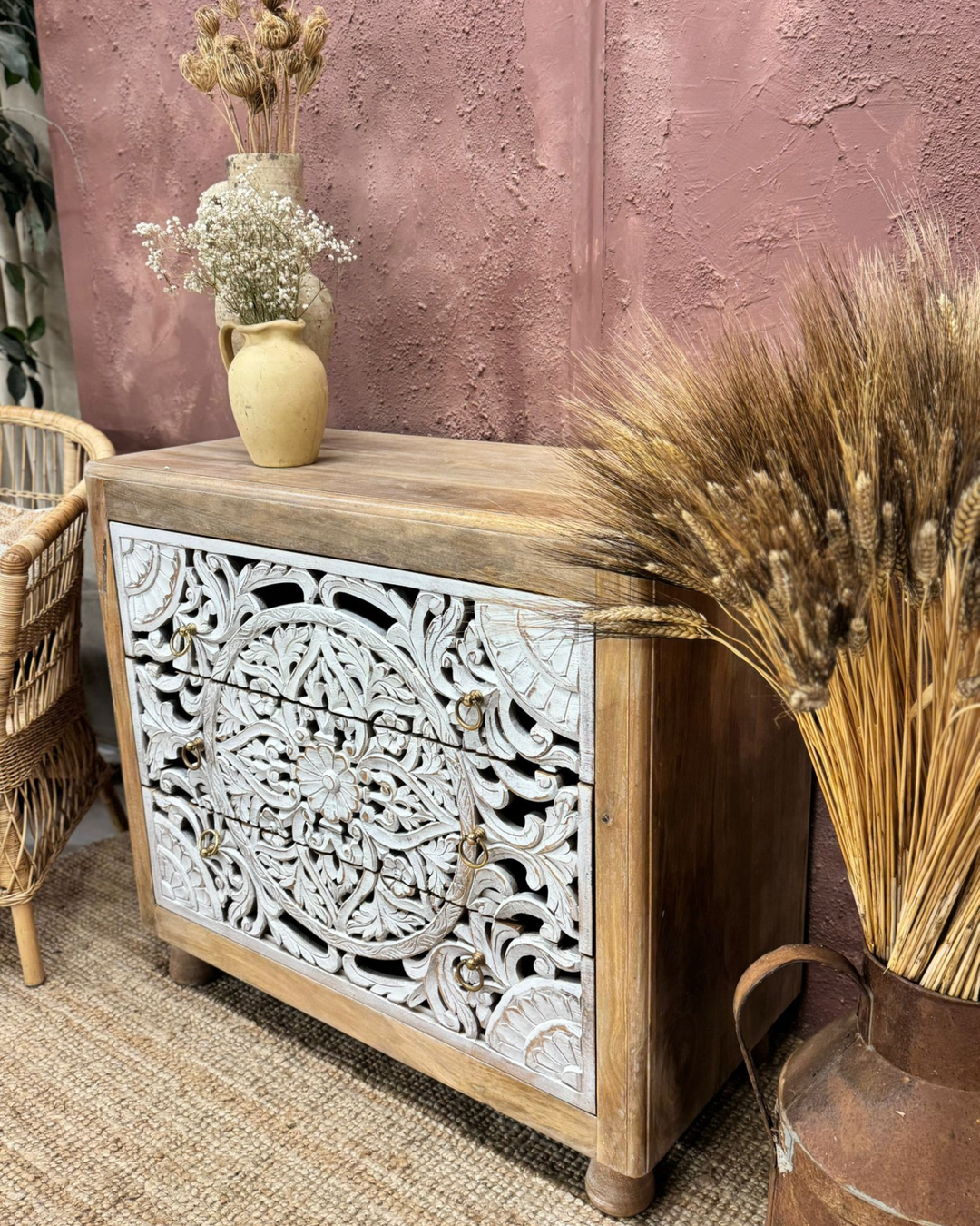 Hand-Carved Mango Wood Chest – 3 Drawers with Whitewashed Drawers