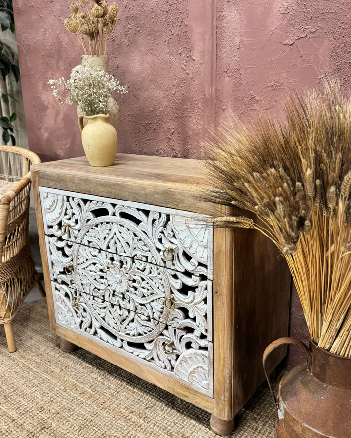 Hand-Carved Mango Wood Chest – 3 Drawers with Whitewashed Drawers