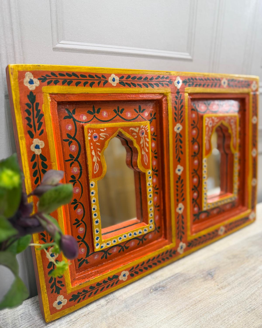 Hand-Painted Vintage Double Mango Wood Mirror – Floral Arch Design