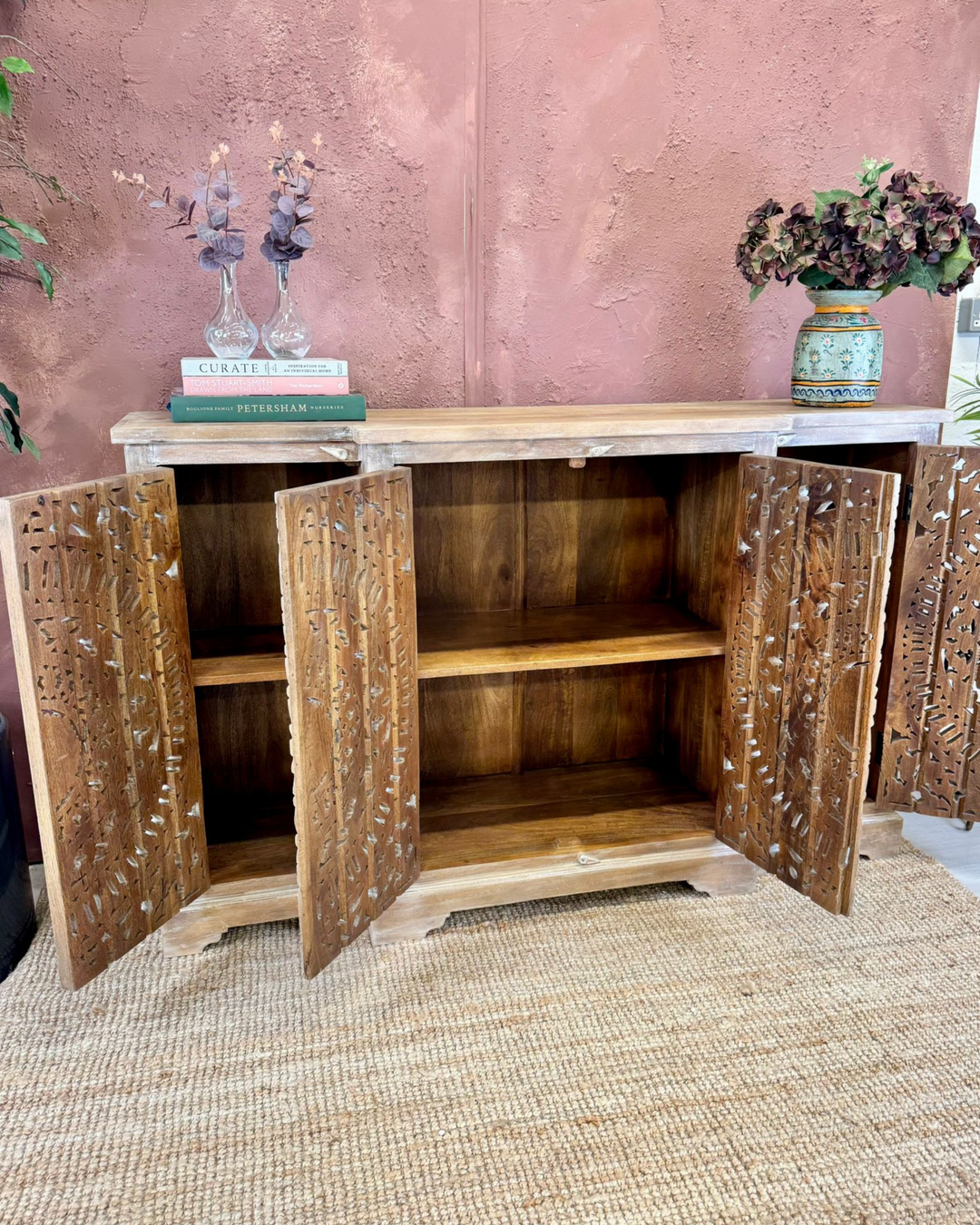 Hand-Carved Mango Wood 4-Door Sideboard with Whitewashed Floral Detailing