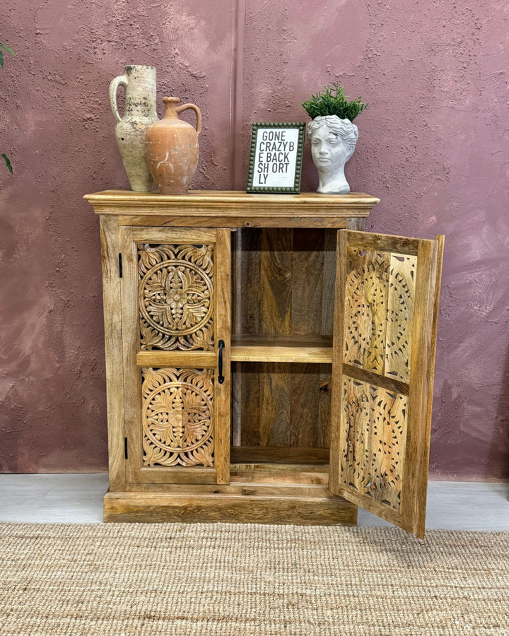 Natural Mango Wood Hand-Carved 2-Door Sideboard