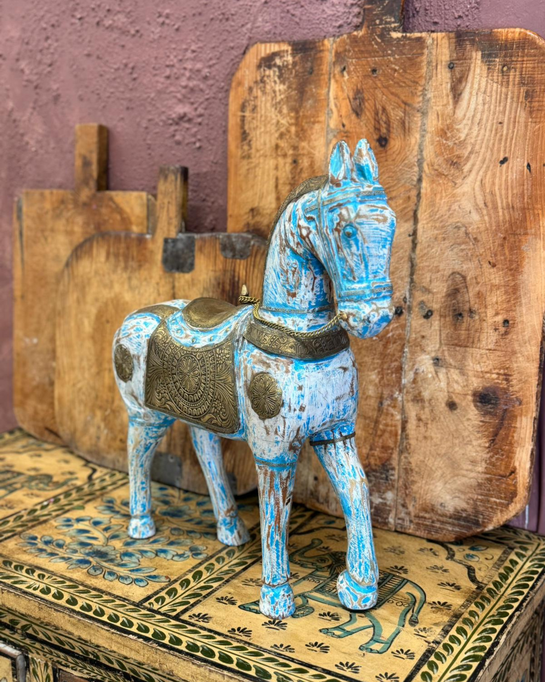 Blue Hand-Painted & Hand-Carved Mango Wood Horse with Brass Detailing