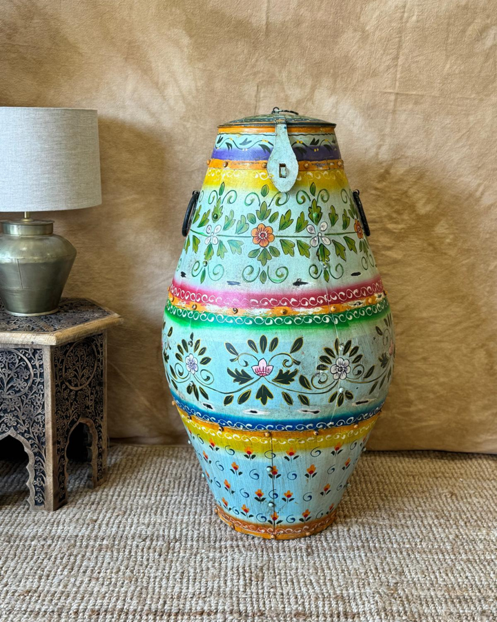 Hand-Painted Iron Pot with Lid – Turquoise Floral Design