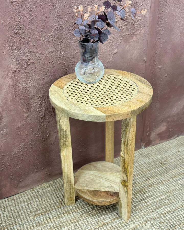 Hand Carved Round Mango Wood Side Table with Shelf