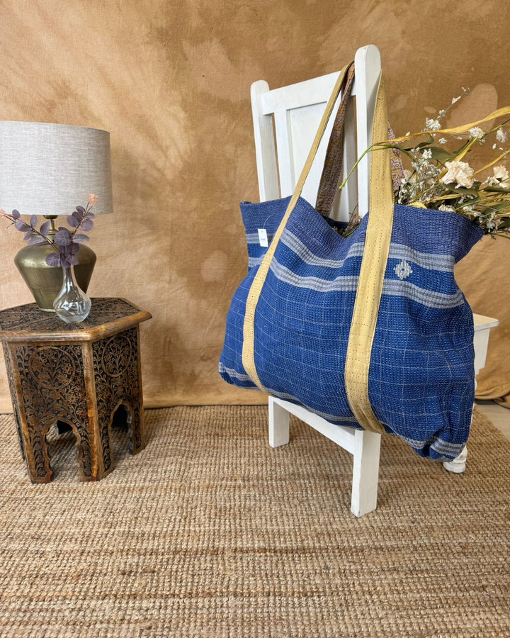 Handmade Upcycled Sari Tote Bag – Indigo Blue Stripe | Multi-Purpose Everyday & Beach Bag