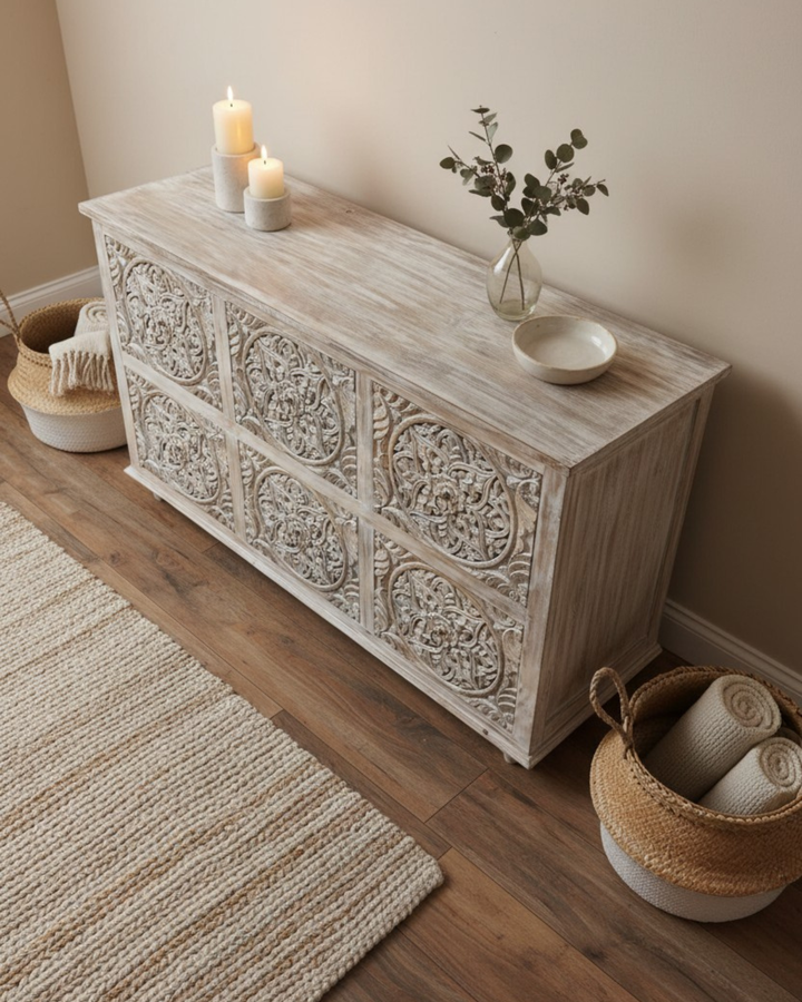 Six Drawer Mango Wood Chest of Drawers – Creamwashed Floral Carving