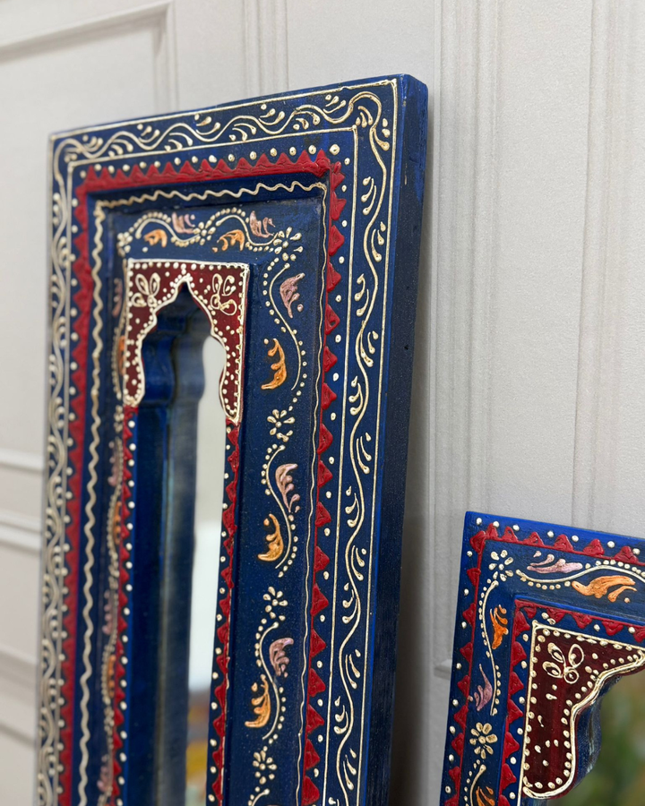 Hand-Painted Vintage Mango Wood Arch Mirrors – Blue Decorative Frame (Set of 2)