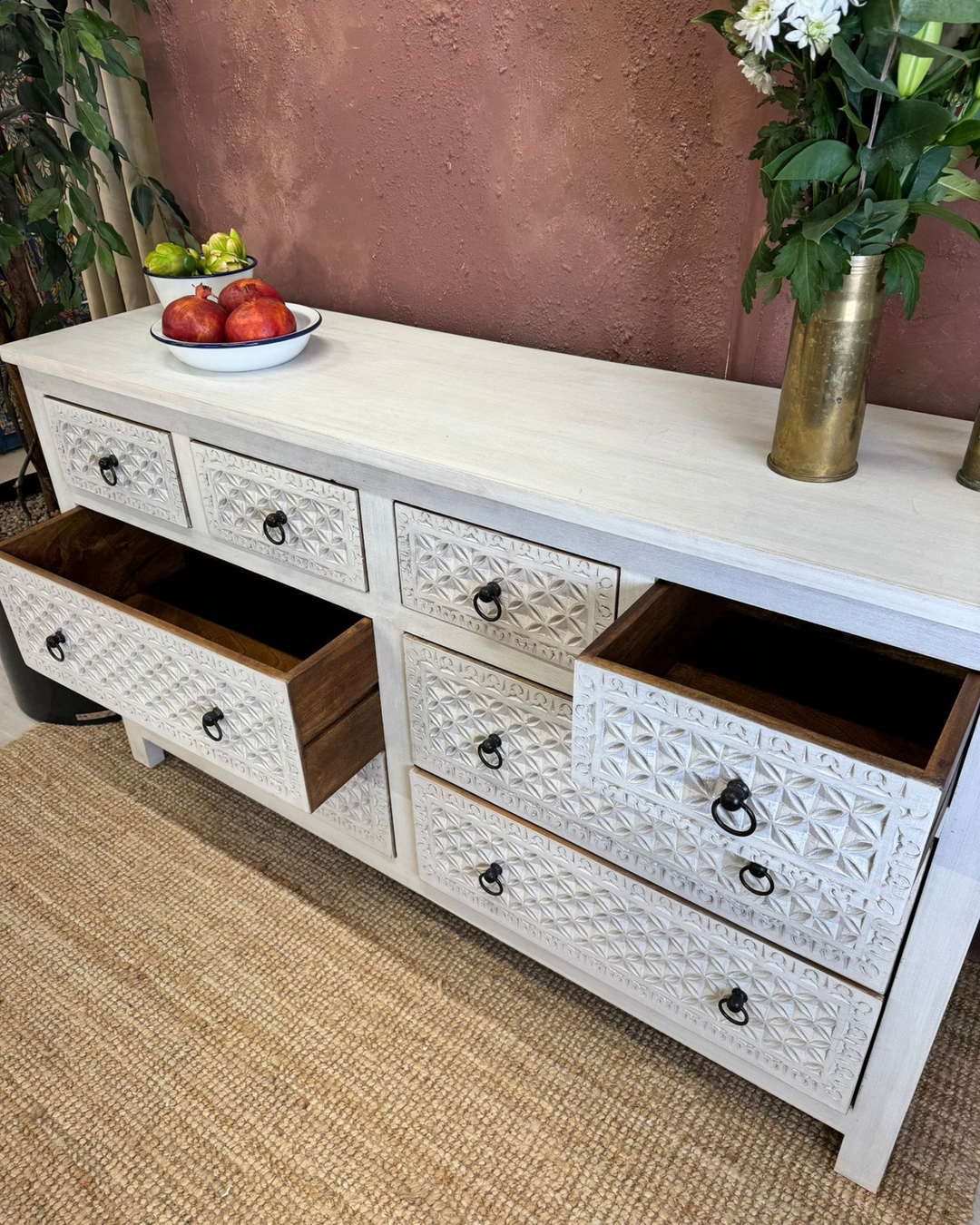 Whitewashed Mango Wood Chest of 8 Hand-Carved Drawers