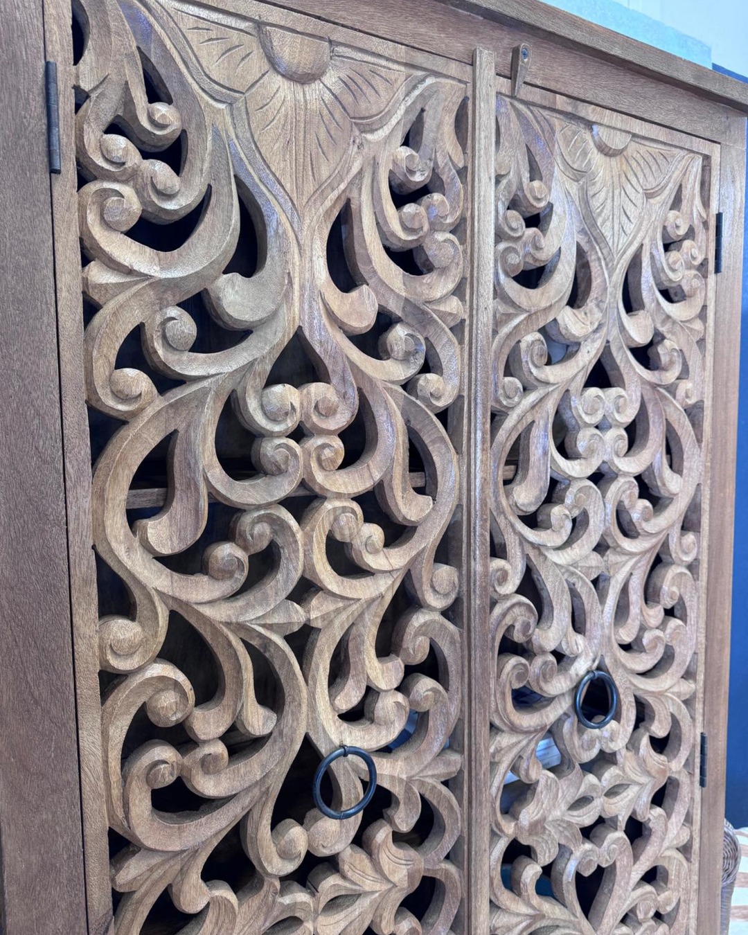 Hand-Carved Mango Wood Armoire – Natural Polished Finish