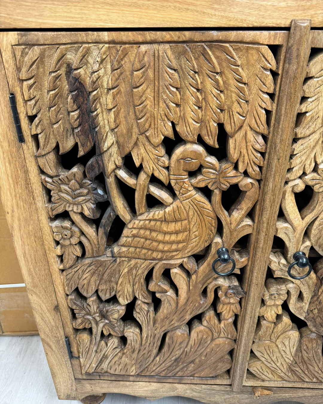 Handcrafted Two Door Peacock Carved Mango Wood Sideboard