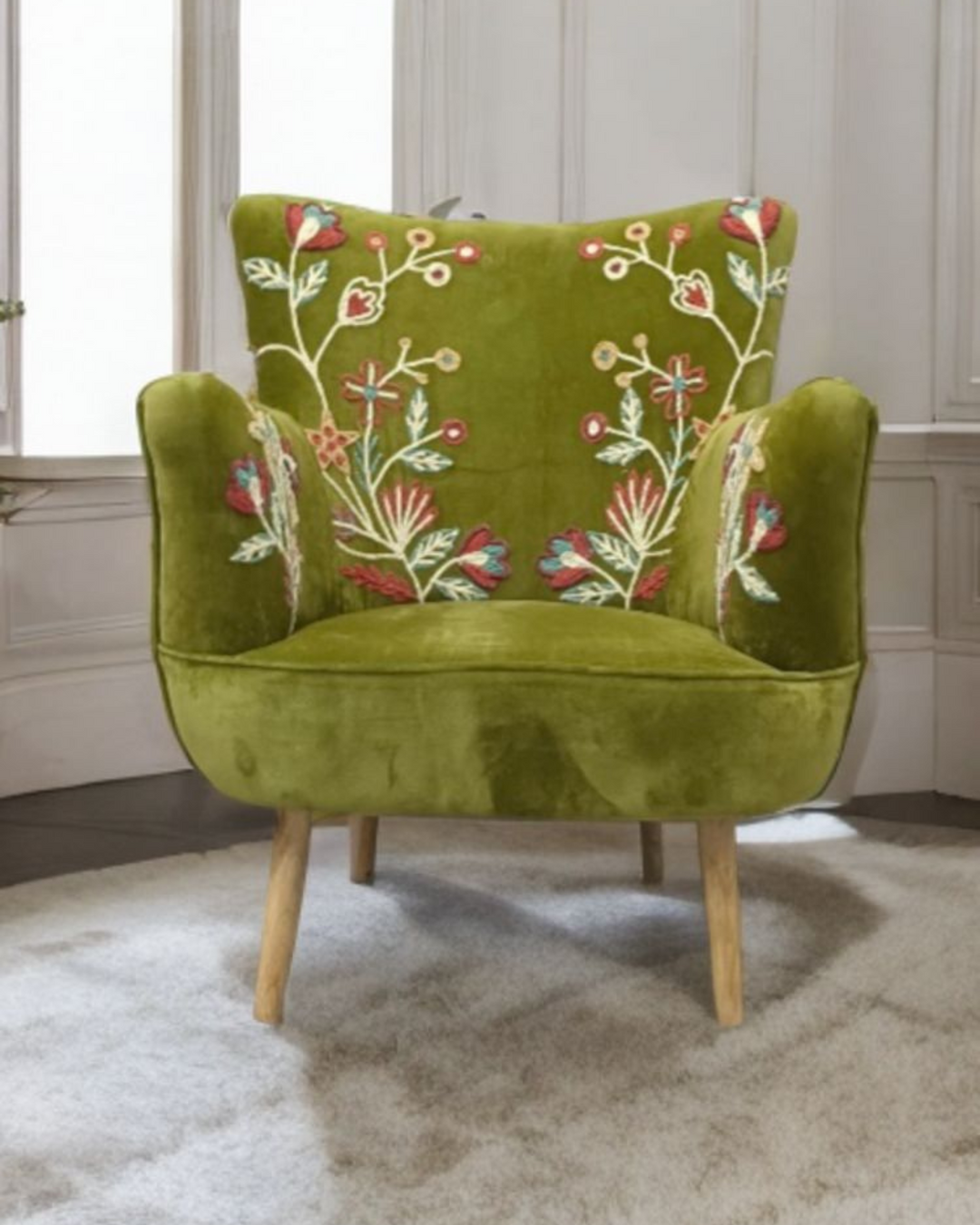 Green Velvet Hand-Embroidered Wingback Armchair & Footstool Set