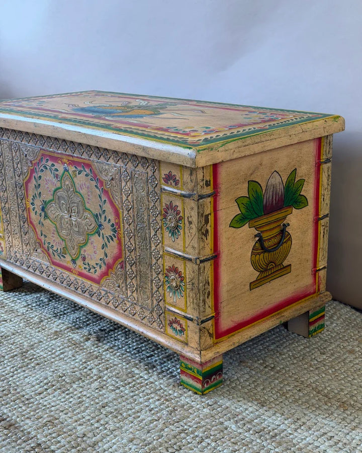 Hand-Painted Mango Wood Storage Chest – Natural Finish