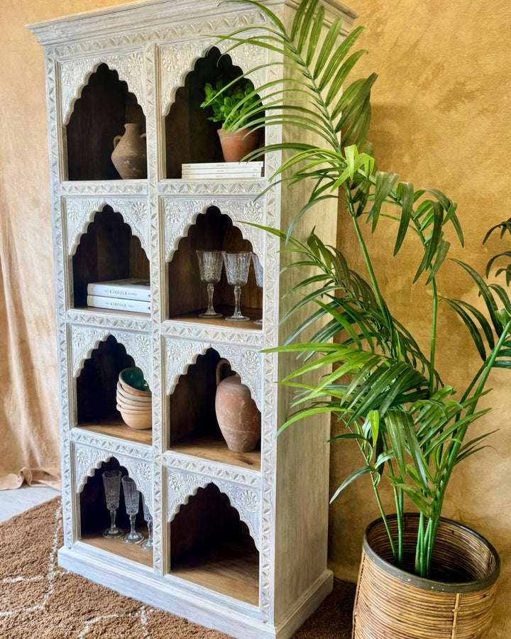 Hand-Carved Mango Wood Bookcase – Cream Washed Finish with Indian Arch Design