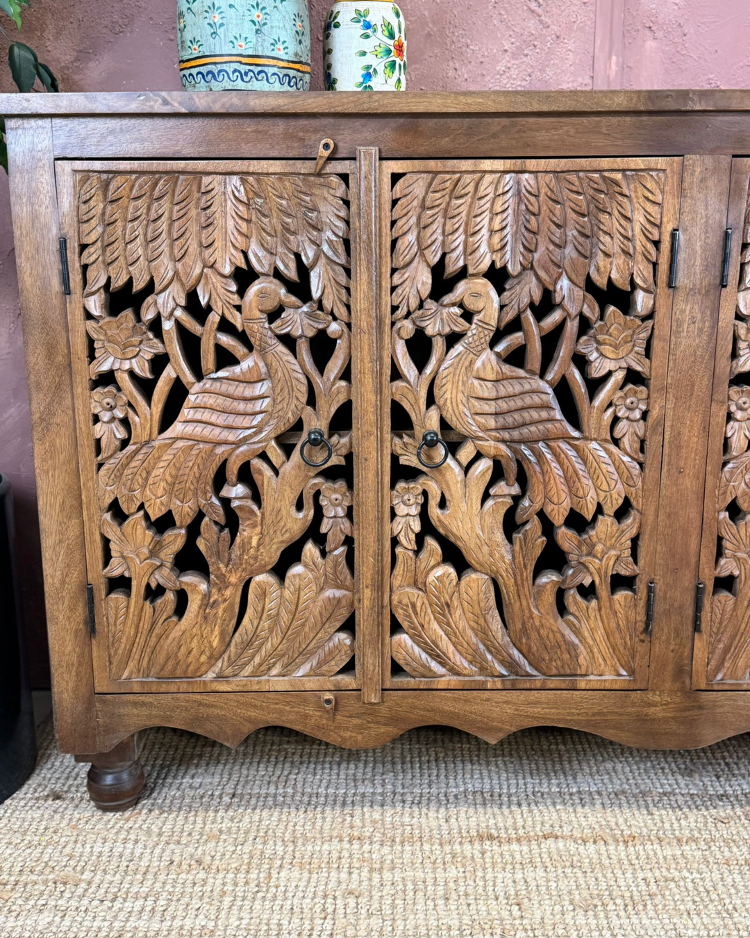 Hand-Carved Mango Wood Peacock 4-Door Sideboard