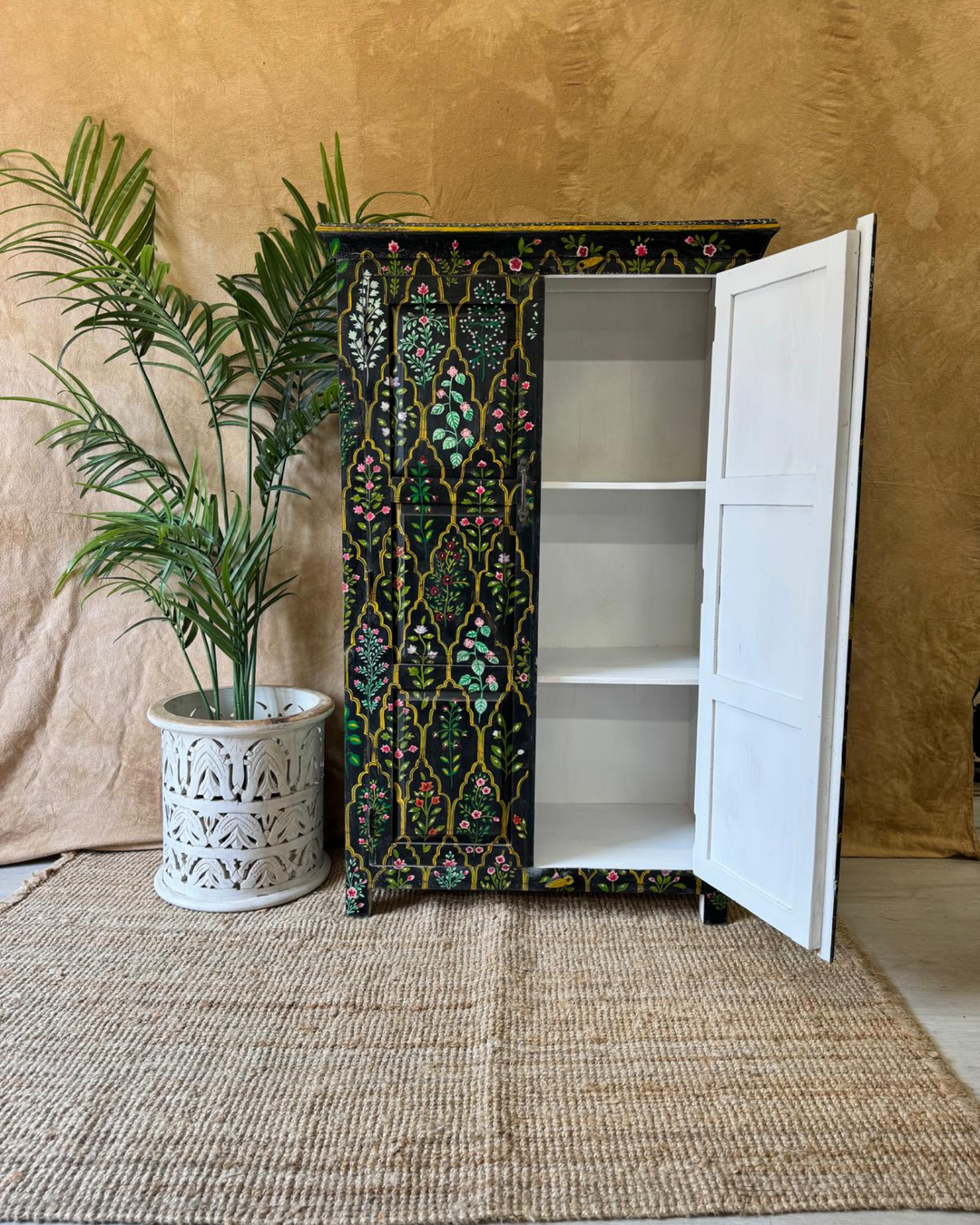 Hand-Painted Mango Wood Armoire – Vintage Floral Design on Black with 2 Shelves