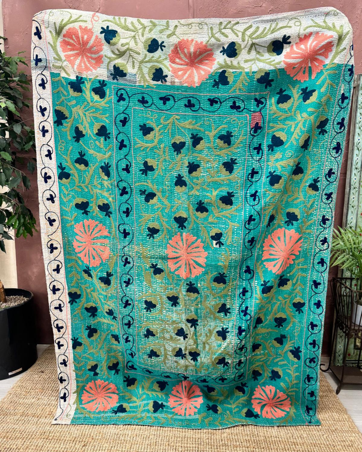 Vintage Hand-Embroidered Kantha Throw – Forest Green with Coral & Navy Floral Panels