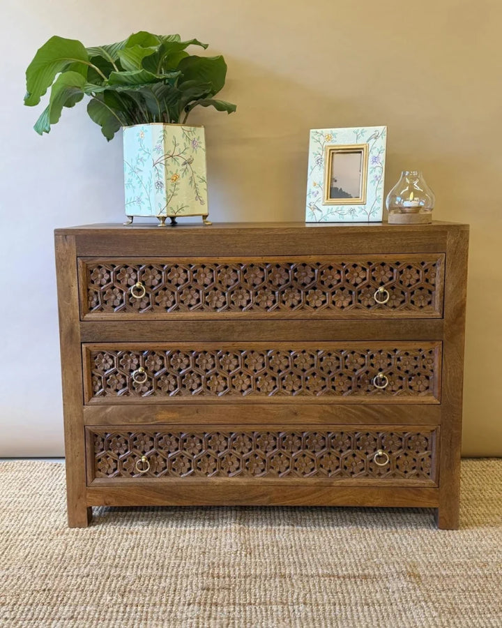 Jali Inspired Hand-Carved Mango Wood Chest of Drawers – Natural Polished Finish