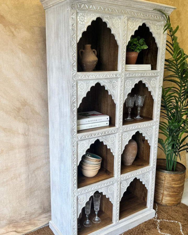 Hand-Carved Mango Wood Bookcase – Cream Washed Finish with Indian Arch Design