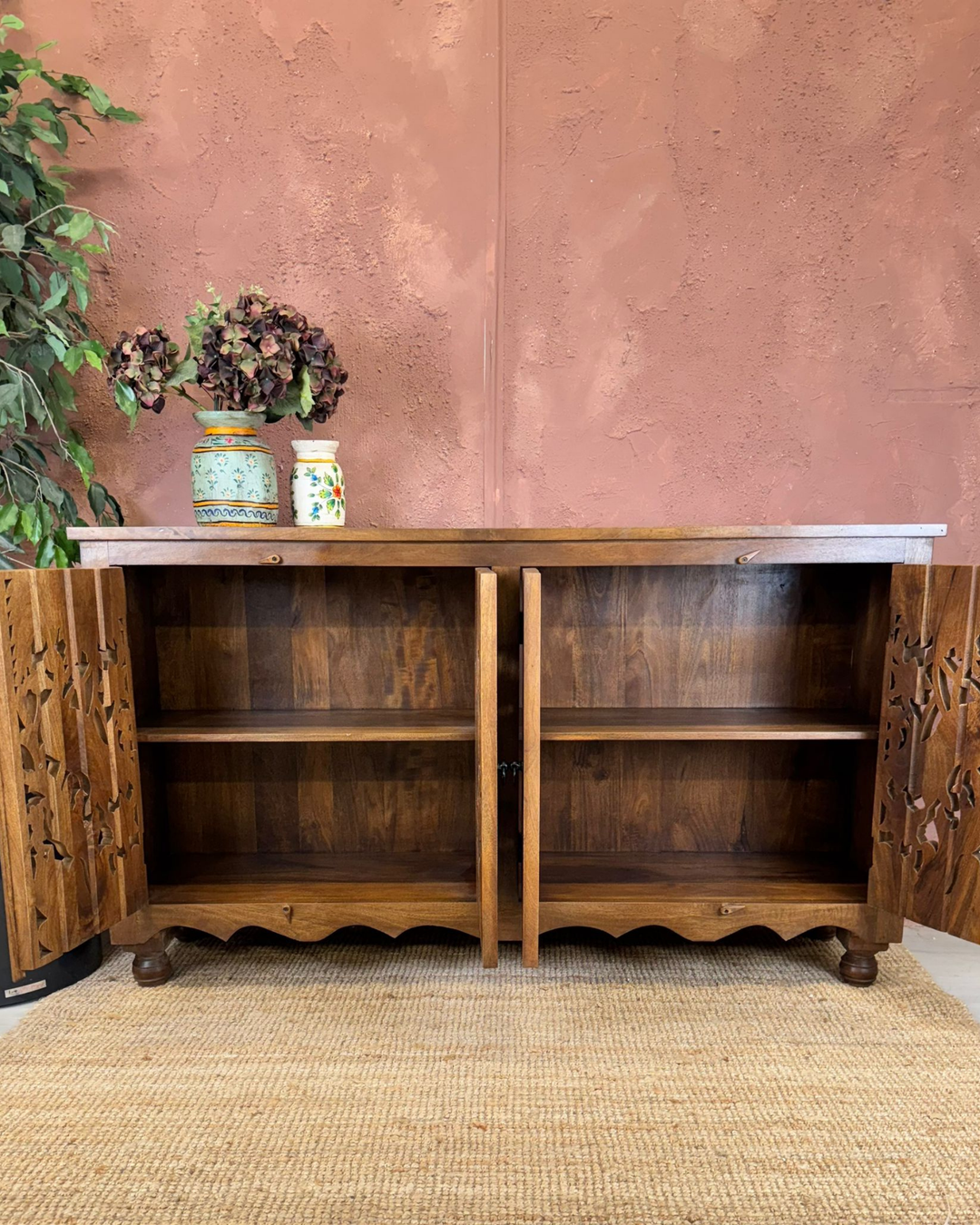 Hand-Carved Mango Wood Peacock 4-Door Sideboard