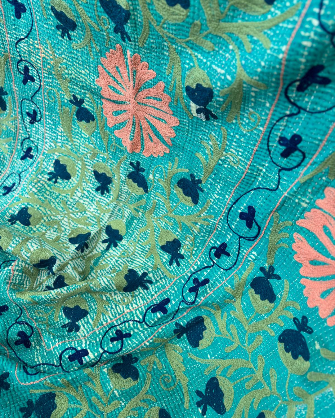 Vintage Hand-Embroidered Kantha Throw – Forest Green with Coral & Navy Floral Panels
