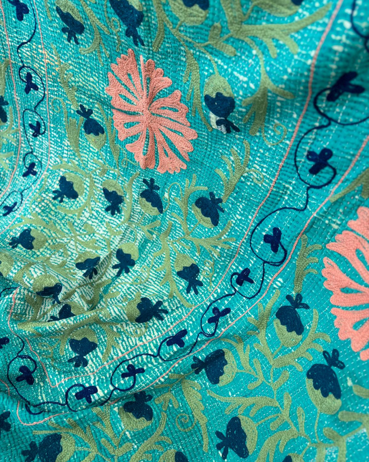 Vintage Hand-Embroidered Kantha Throw – Forest Green with Coral & Navy Floral Panels