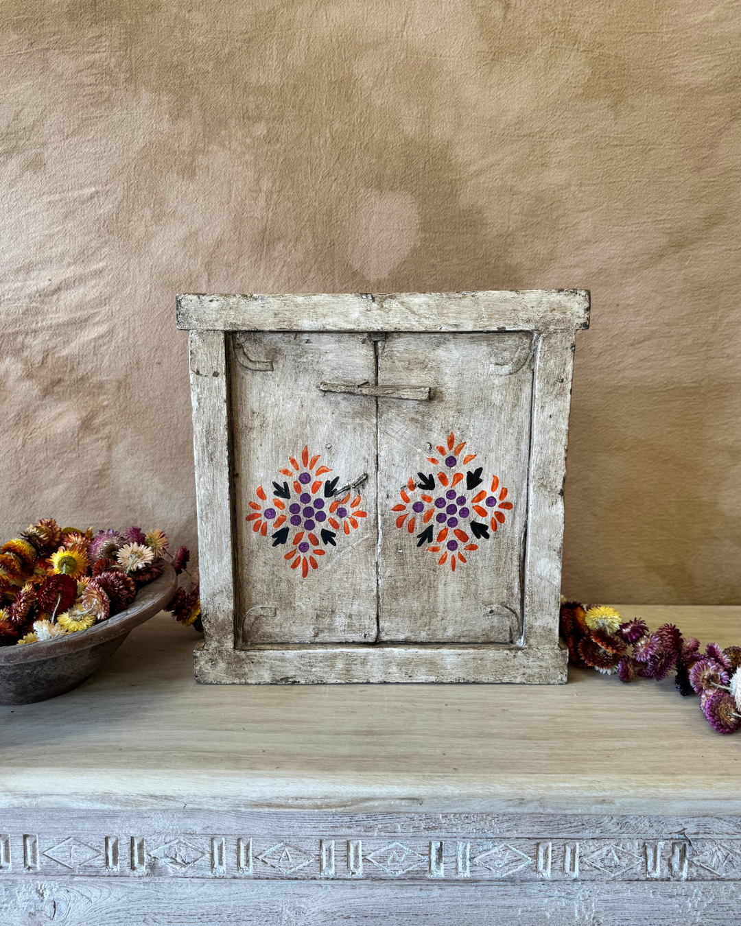 Hand-Painted Vintage Window Pane – Floral Motif on Reclaimed Hardwood