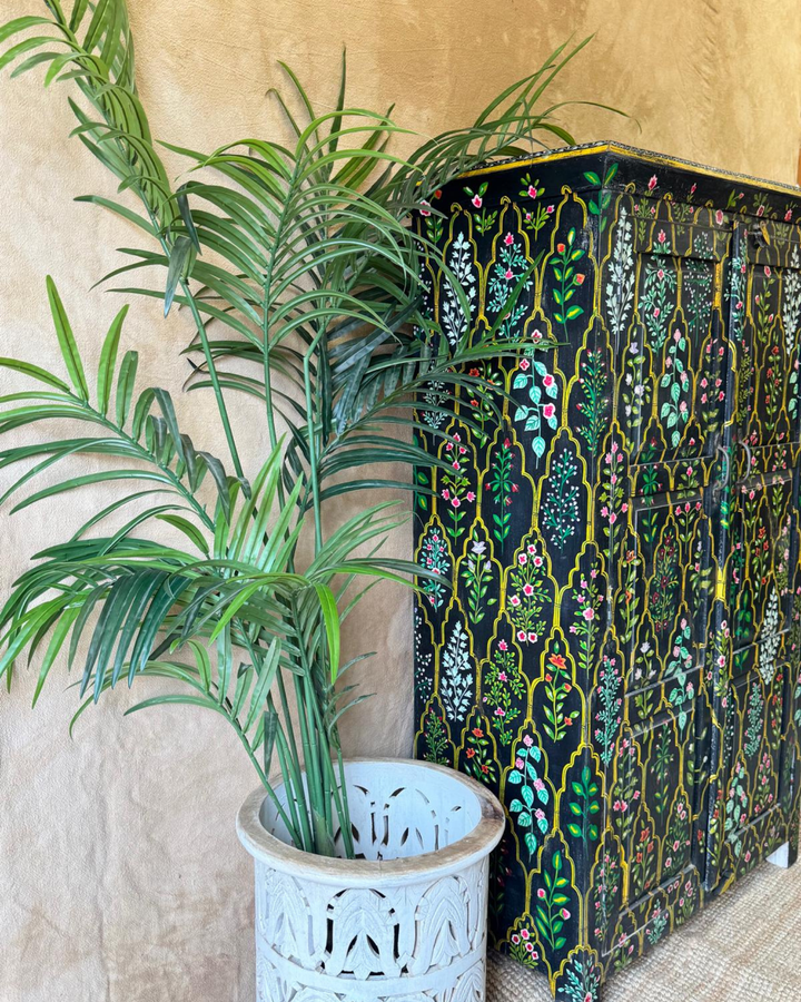 Hand-Painted Mango Wood Armoire – Vintage Floral Design on Black with 2 Shelves