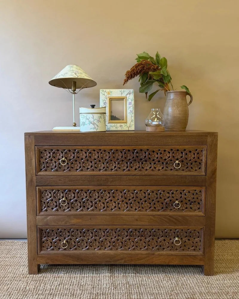 Jali Inspired Hand-Carved Mango Wood Chest of Drawers – Natural Polished Finish