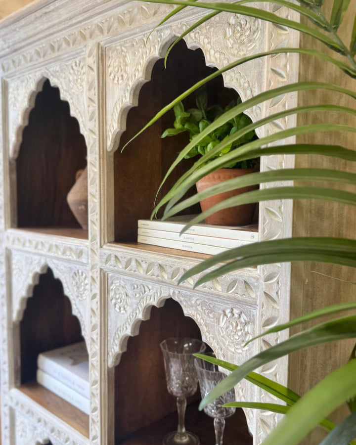 Hand-Carved Mango Wood Bookcase – Cream Washed Finish with Indian Arch Design