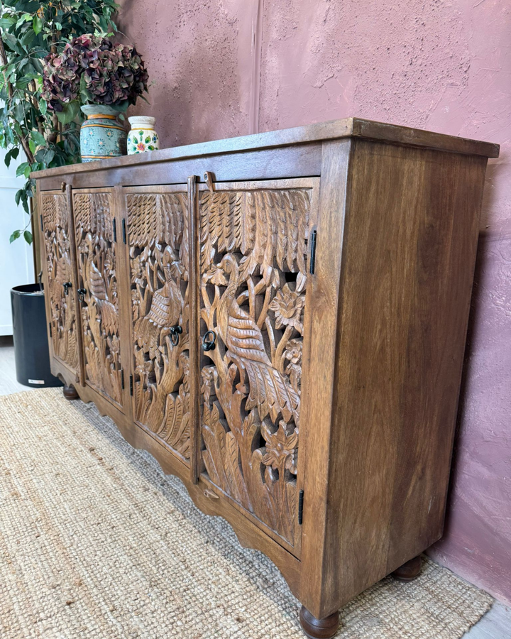 Hand-Carved Mango Wood Peacock 4-Door Sideboard