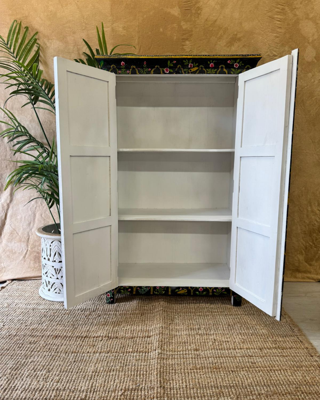 Hand-Painted Mango Wood Armoire – Vintage Floral Design on Black with 2 Shelves