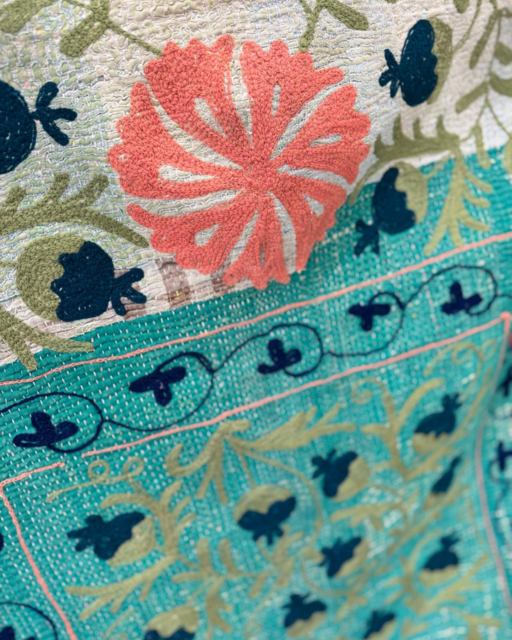 Vintage Hand-Embroidered Kantha Throw – Forest Green with Coral & Navy Floral Panels