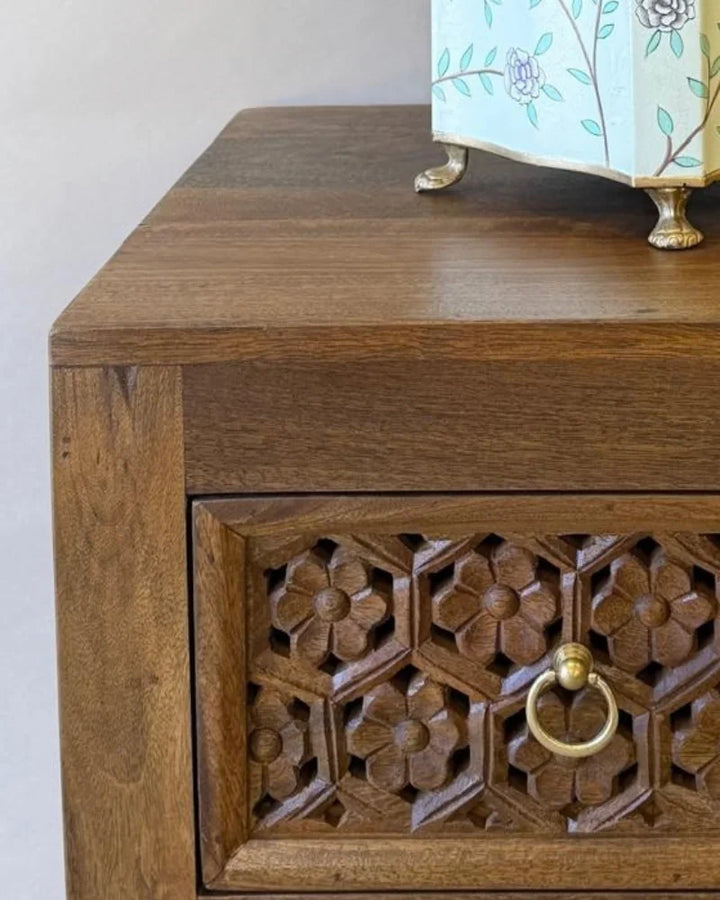 Jali Inspired Hand-Carved Mango Wood Chest of Drawers – Natural Polished Finish