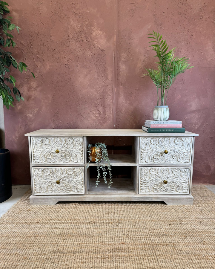 Hand-Carved Mango Wood 4-Drawer TV/Media Sideboard with Floral Design