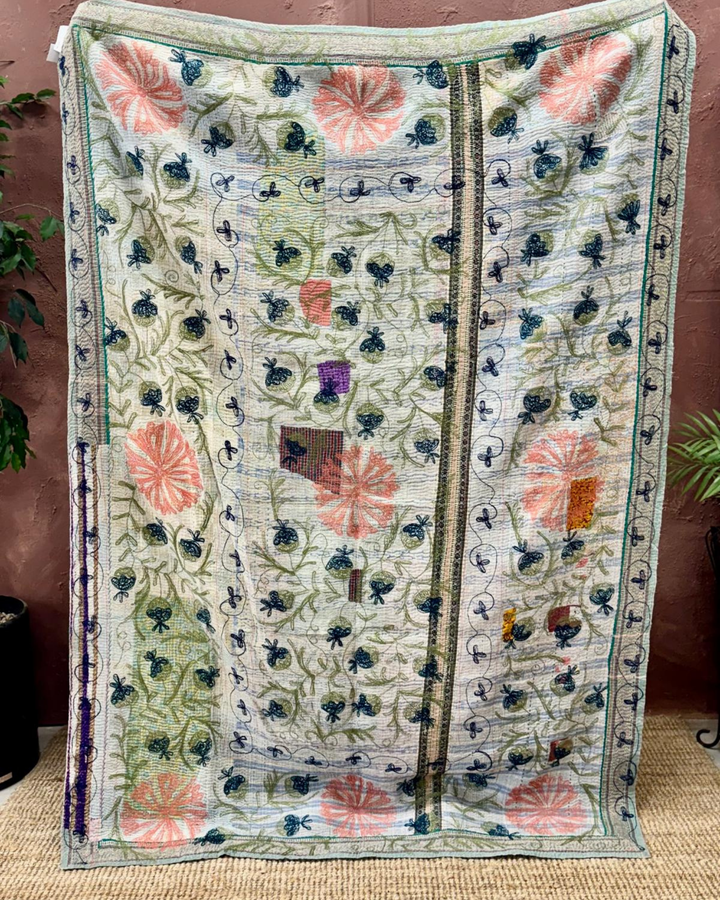 Vintage Hand-Embroidered Kantha Throw – Forest Green with Coral & Navy Floral Panels