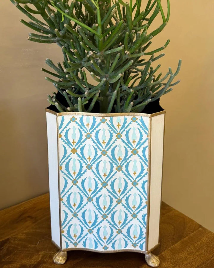 Blue &amp; Gold Patterned Iron Planter – Decorative Metal Plant Pot