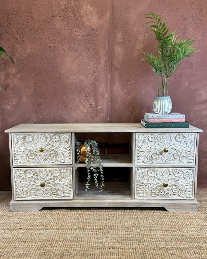 Hand-Carved Mango Wood 4-Drawer TV/Media Sideboard with Floral Design