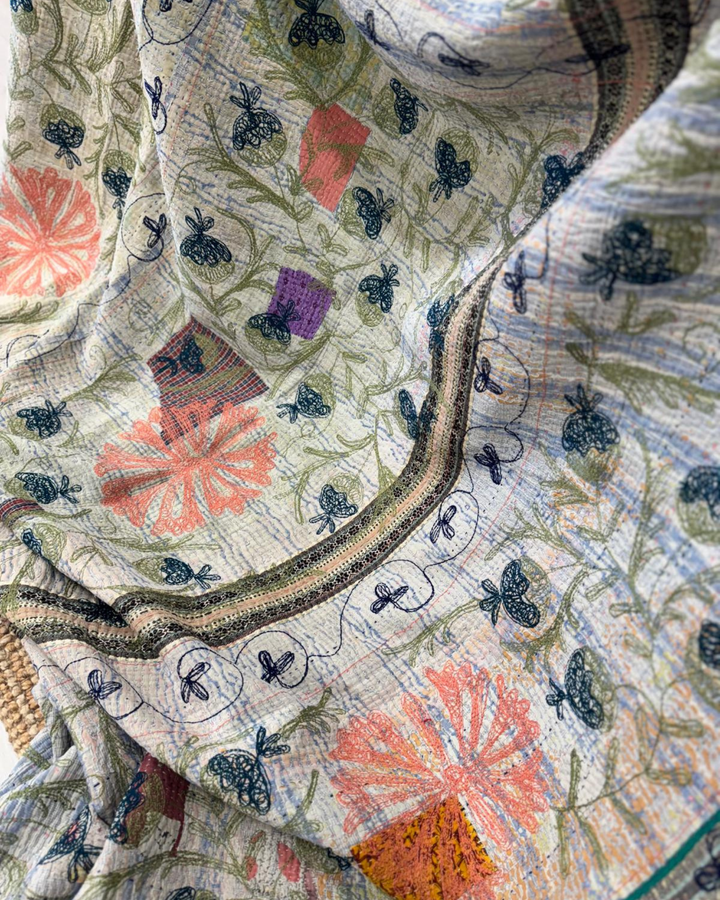 Vintage Hand-Embroidered Kantha Throw – Forest Green with Coral & Navy Floral Panels