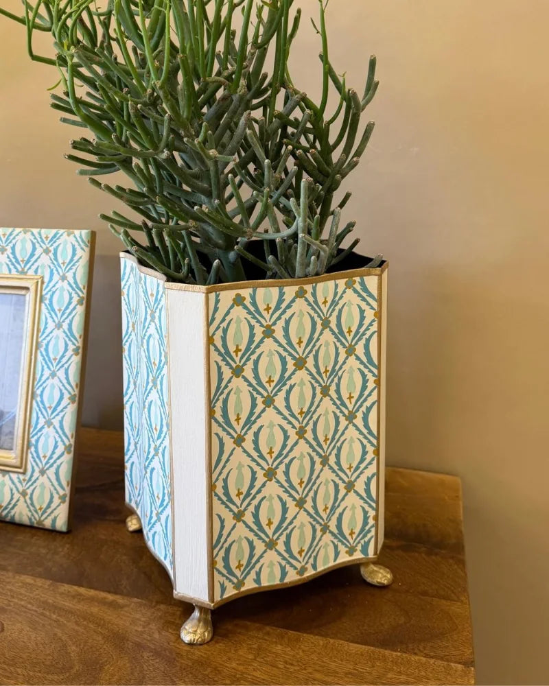 Blue &amp; Gold Patterned Iron Planter – Decorative Metal Plant Pot