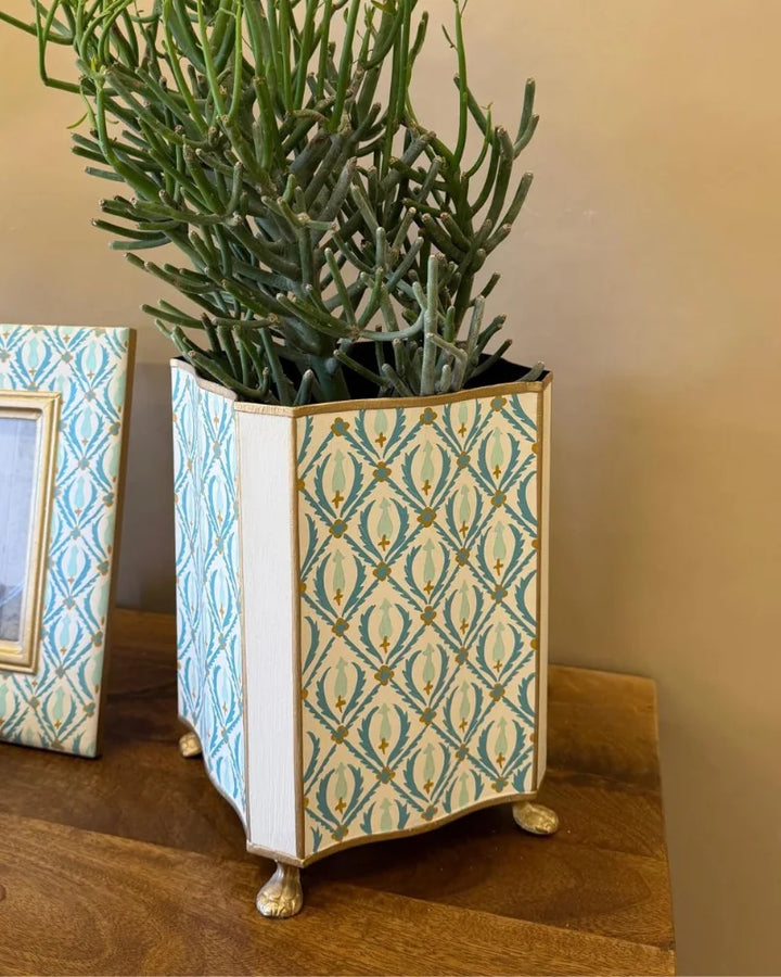 Blue &amp; Gold Patterned Iron Planter – Decorative Metal Plant Pot