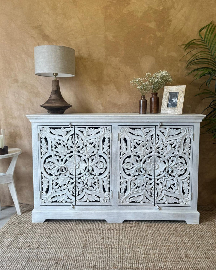 Hand-Carved Mango Wood Sideboard – Whitewashed Finish with Floral Detail