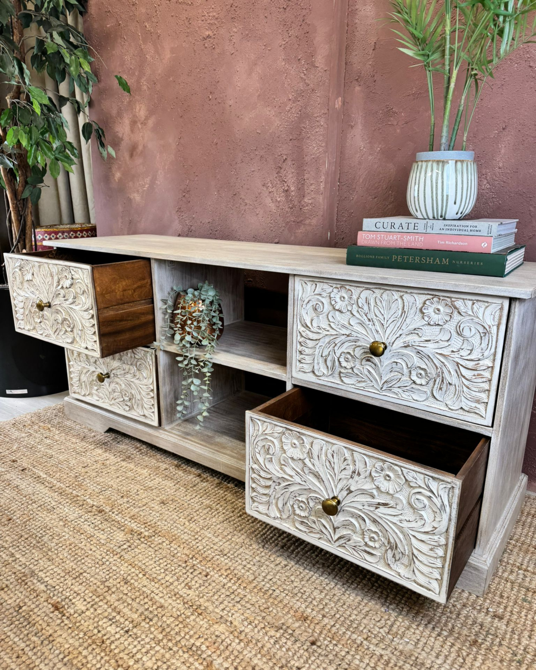 Hand-Carved Mango Wood 4-Drawer TV/Media Sideboard with Floral Design