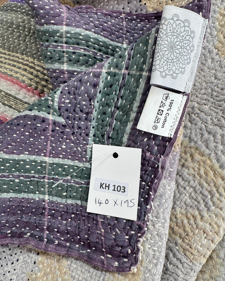 Vintage Hand-Embroidered Kantha Throw – Indigo & Ochre Motif Sari Quilt