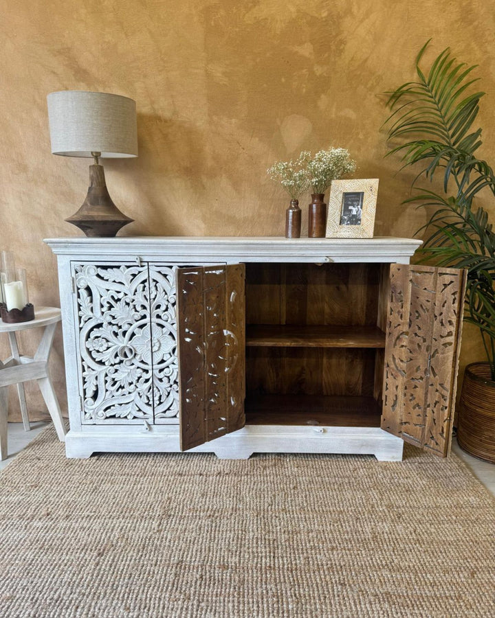 Hand-Carved Mango Wood Sideboard – Whitewashed Finish with Floral Detail