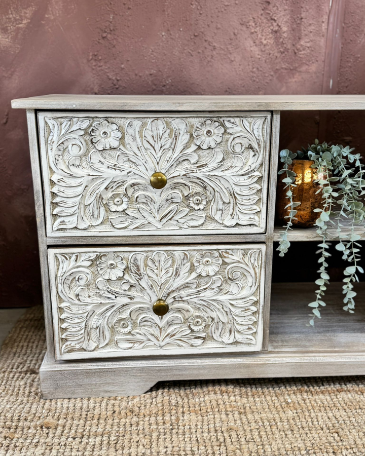 Hand-Carved Mango Wood 4-Drawer TV/Media Sideboard with Floral Design