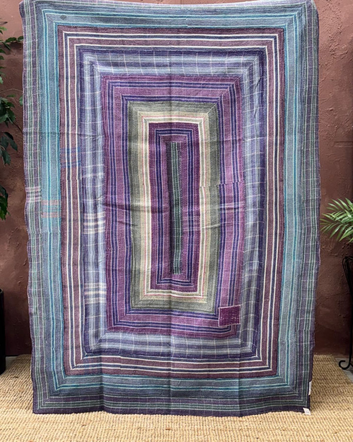 Vintage Hand-Embroidered Kantha Throw – Indigo & Ochre Motif Sari Quilt