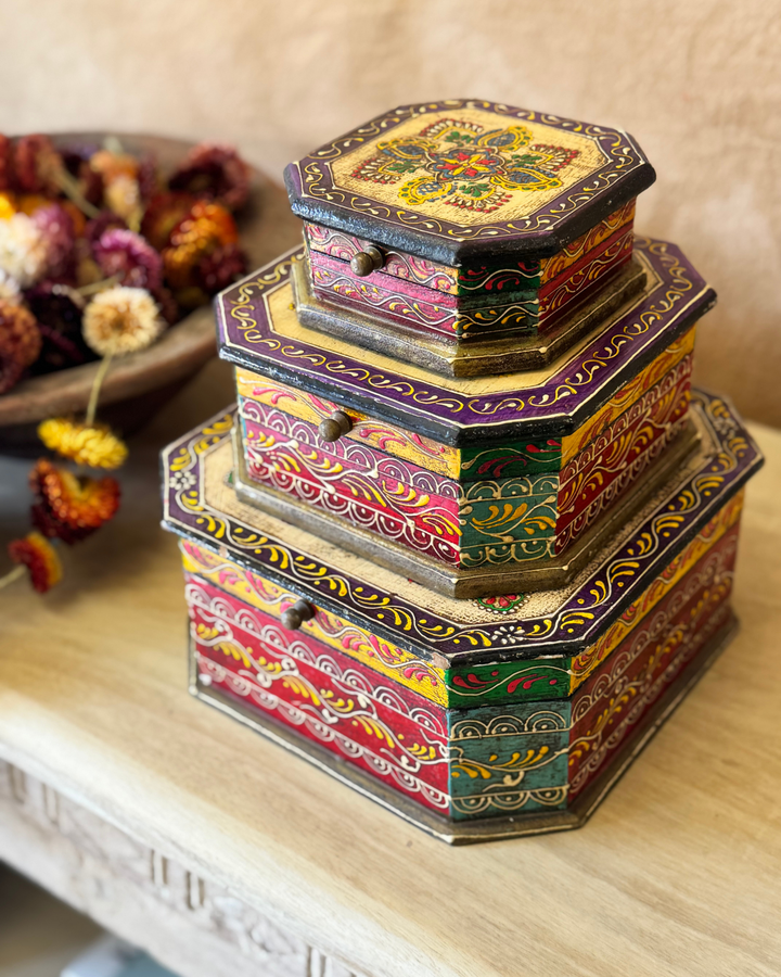 Hand-Painted Mango Wood Jewellery Box Set – Set of 3 with Floral Indian Design
