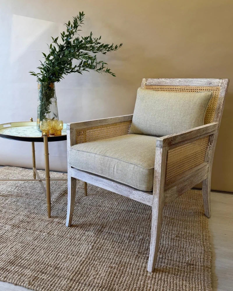 Rattan &amp; Acacia Wood Armchair with Linen Upholstery – Natural Finish