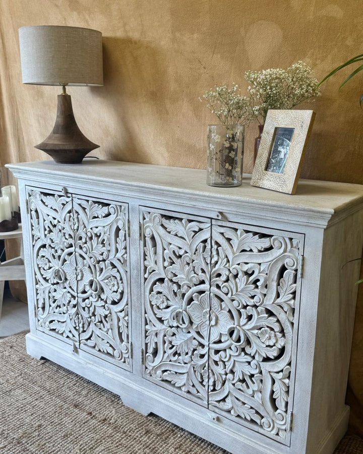 Hand-Carved Mango Wood Sideboard – Whitewashed Finish with Floral Detail