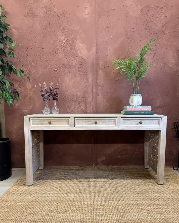 3-Drawer Hand-Carved Desk in Whitewash Finish